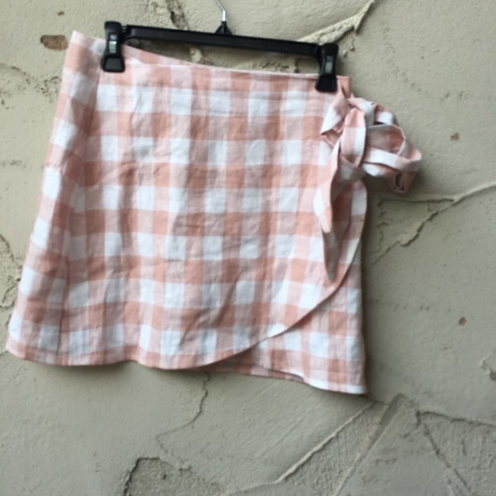 Reformation Side Tie Check Linen Wrap Mini Skirt Size M - Picture 2 of 9